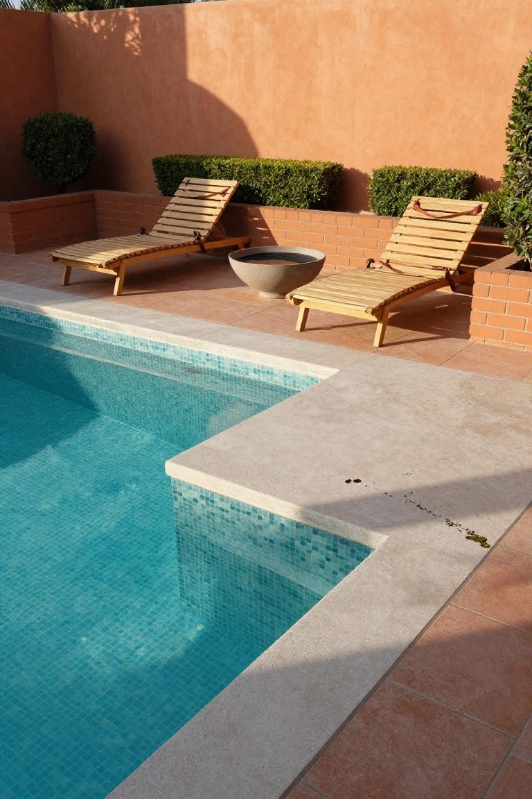 Teal mosaic-tiled pool with white stone coping, two light wooden lounge chairs flanking a round terracotta fire bowl on terracotta tiled patio, brick walls and boxwood shrubs in background.