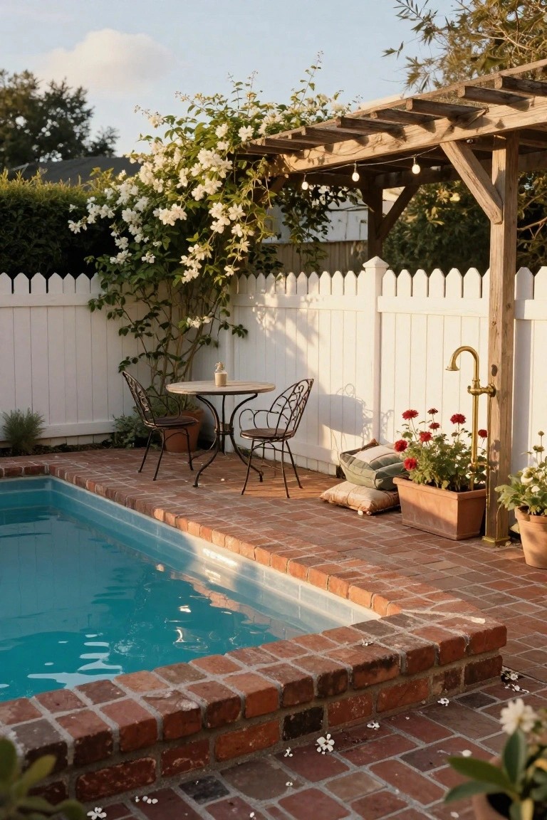 Small turquoise pool with red brick edging and coping, wooden pergola covered in white climbing roses and string lights, small round metal table with two wicker chairs, brass outdoor shower, potted red geraniums, and white picket fence in a backyard.