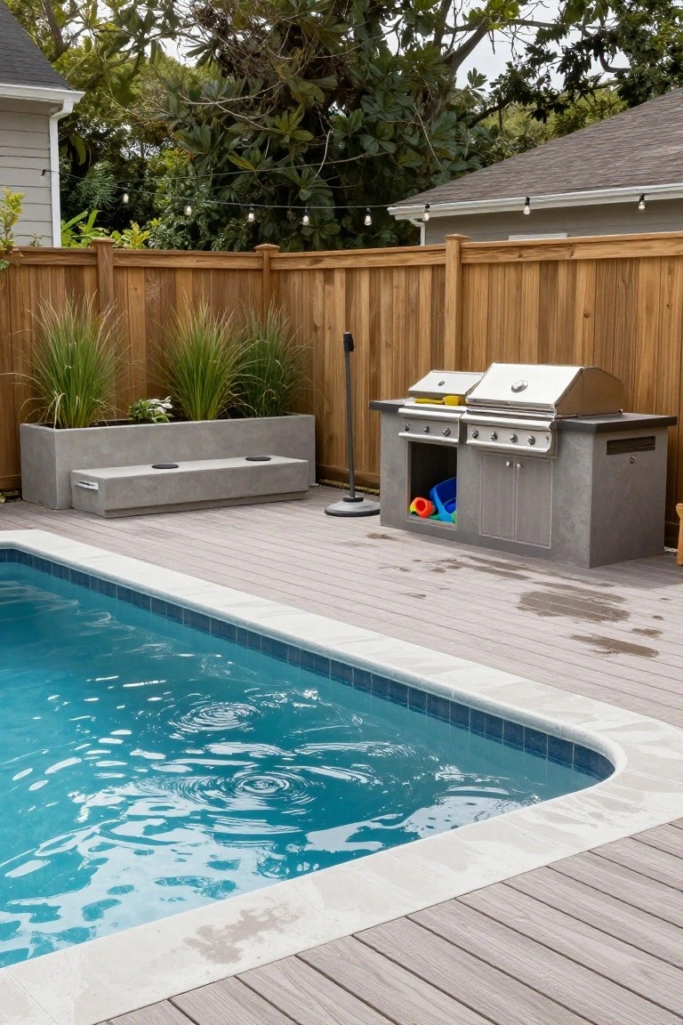 Backyard pool with light blue water and tile edge, adjacent gray concrete BBQ island with stainless steel grills and storage cabinets containing pool toys, wooden decking, potted grasses, and wooden fence.