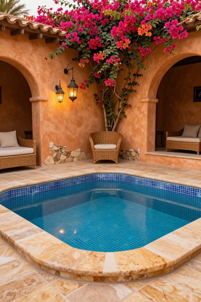 A small curved pool with blue mosaic tiles in a terracotta courtyard, surrounded by wicker lounge chairs, stone walls, hanging lanterns, and bougainvillea vines over arches.