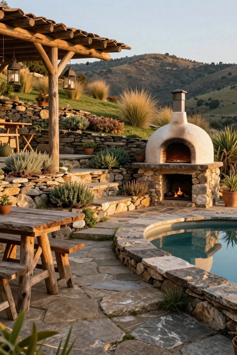 Stone pool terrace with curved turquoise pool, white-domed wood-fired oven on stone base with visible fire and pizza inside, rustic wooden table and benches, potted plants, stone steps, and wooden pergola structure against hillside backdrop.