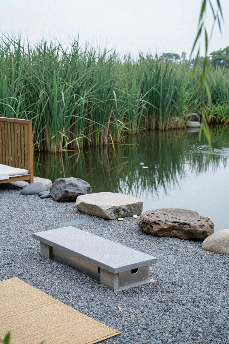 22 Polished Stock Tank Bath Ideas For A Spa Like Backyard Moment Gravel ground with large natural rocks, a low rectangular gray stone bench on metal base, beige woven rug, wooden slatted daybed, and pond edged by tall reeds in background.