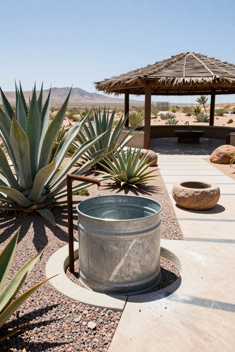 22 Polished Stock Tank Bath Ideas For A Spa Like Backyard Moment Galvanized stock tank sunk into gravel ground with rusty copper faucet above it, surrounded by agave plants and rocks along a stone path toward a thatched-roof gazebo in a desert landscape.