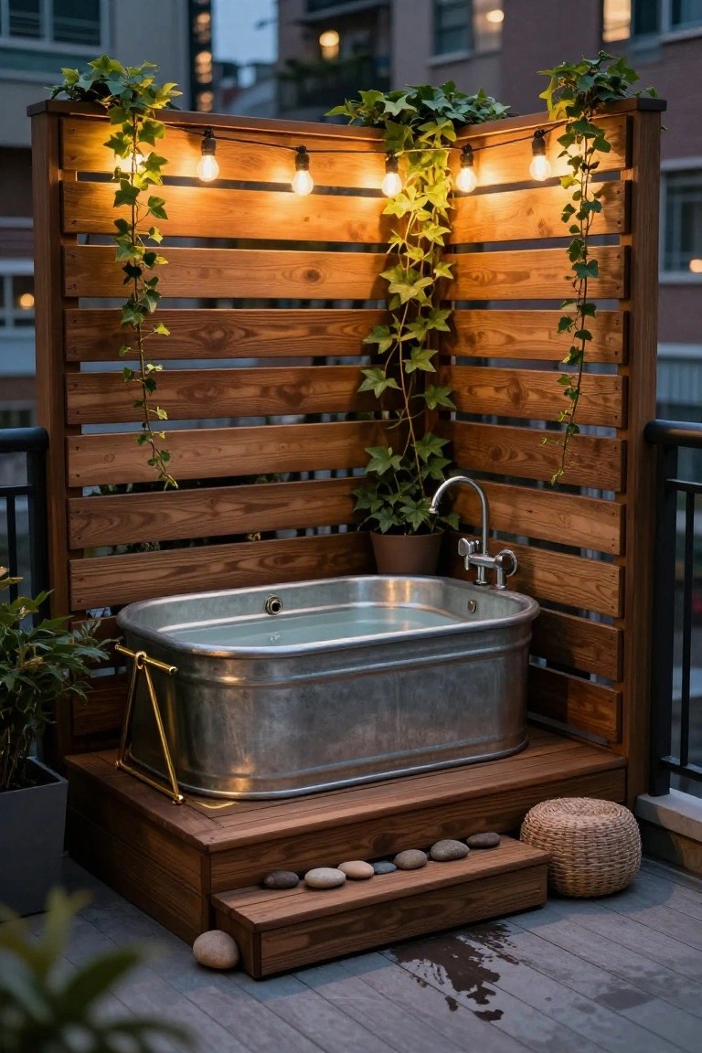 22 Polished Stock Tank Bath Ideas For A Spa Like Backyard Moment Galvanized stock tank bathtub filled with water on a wooden platform in the corner of a slatted wooden screened balcony area with ivy plants, string lights, potted greenery, and a nearby faucet.