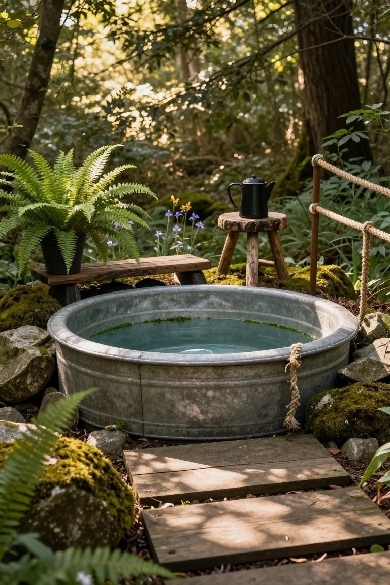 22 Polished Stock Tank Bath Ideas For A Spa Like Backyard Moment Galvanized stock tank filled with water as an outdoor bath, surrounded by rocks, moss, ferns, wooden bench and stool with teapot, rope railing, and forest plants.