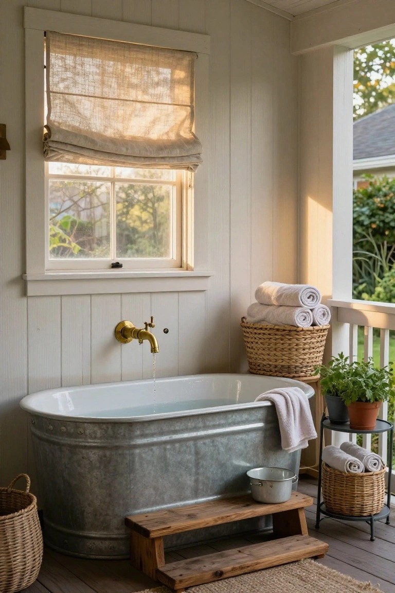 22 Polished Stock Tank Bath Ideas For A Spa Like Backyard Moment Outdoor porch bathroom with a large galvanized stock tank bathtub filled with water, wooden step stool beside it, stacked white towels in wicker baskets, potted plants on a metal stand, gold faucet on white shiplap wall, linen shade on window, and view of greenery outside.