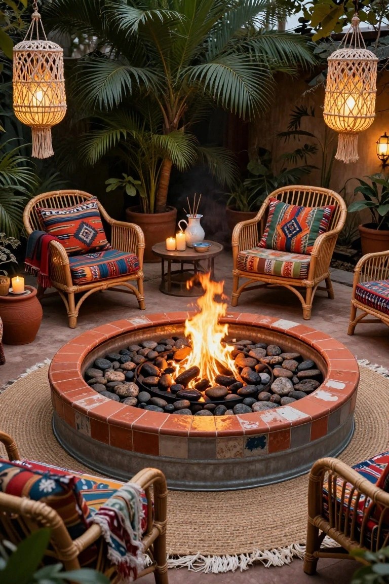 Circular outdoor fire pit made from a metal ring lined with bricks and lava rocks, surrounded by rattan chairs with colorful patterned cushions on a woven rug, with potted plants, candles, and hanging macrame lanterns in a lush garden setting.