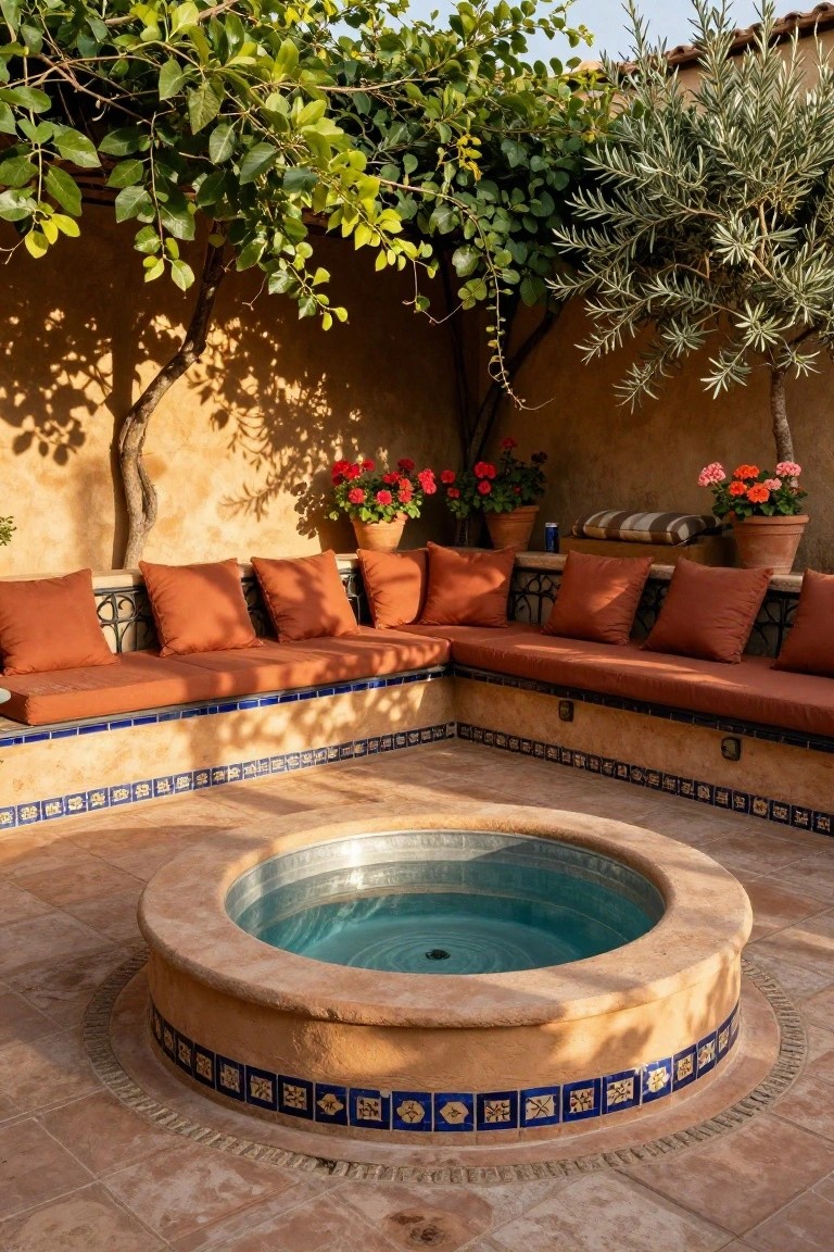 Round turquoise stock tank pool centered in a terracotta-tiled courtyard with L-shaped built-in orange benches topped with cushions, surrounded by potted plants, climbing vines, and olive trees against beige stucco walls.