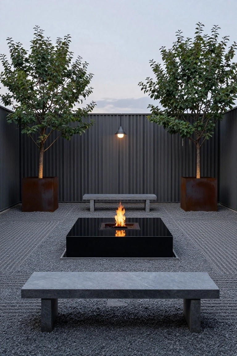 Gravel courtyard with central black square fire pit, two concrete benches facing it, potted trees in rusted metal planters, corrugated metal fence backdrop, and hanging pendant light.