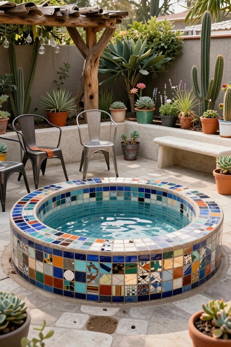 Round outdoor hot tub with multicolored mosaic tiles surrounded by potted succulents, cacti, agaves, metal chairs, and a wooden pergola structure in a walled garden patio.