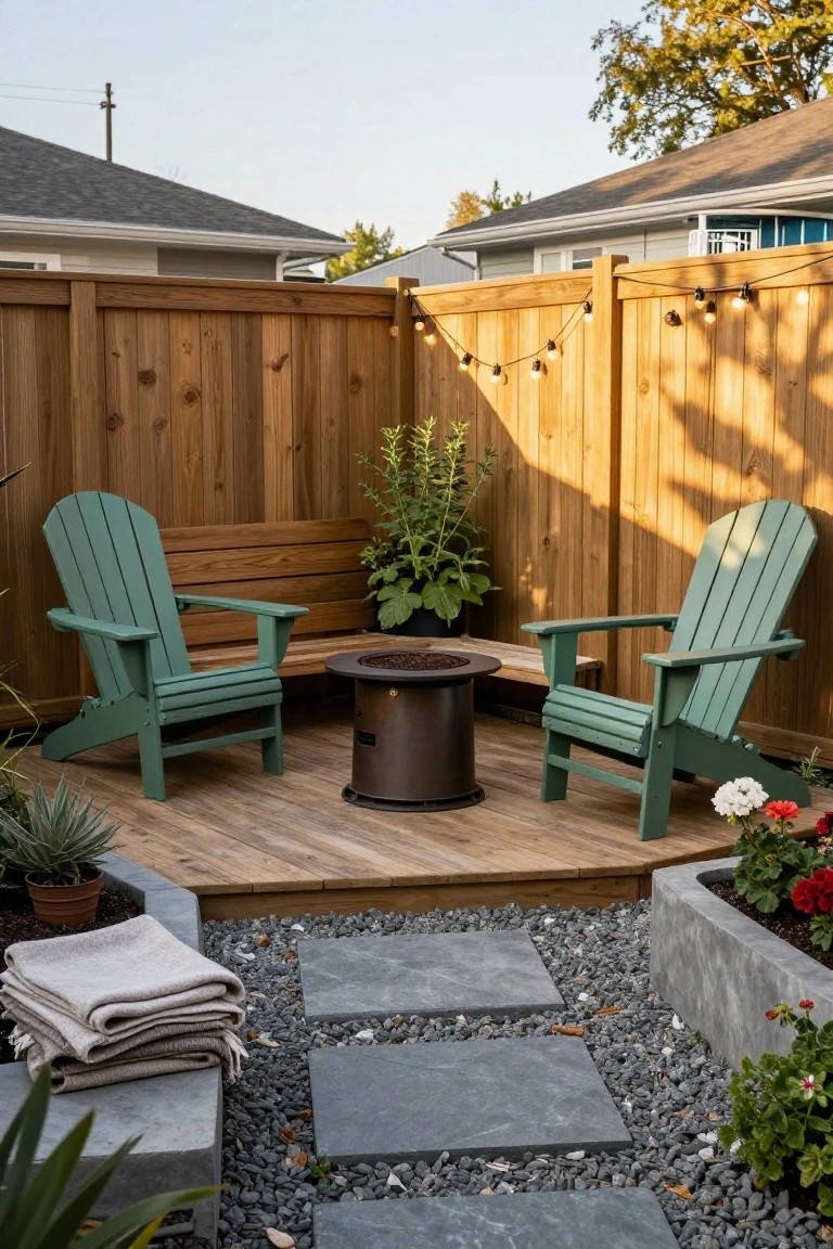 Backyard deck area with two green Adirondack chairs and a wooden bench arranged around a central round metal fire pit, enclosed by wooden fences, with plants, gravel, stone paths, and string lights.