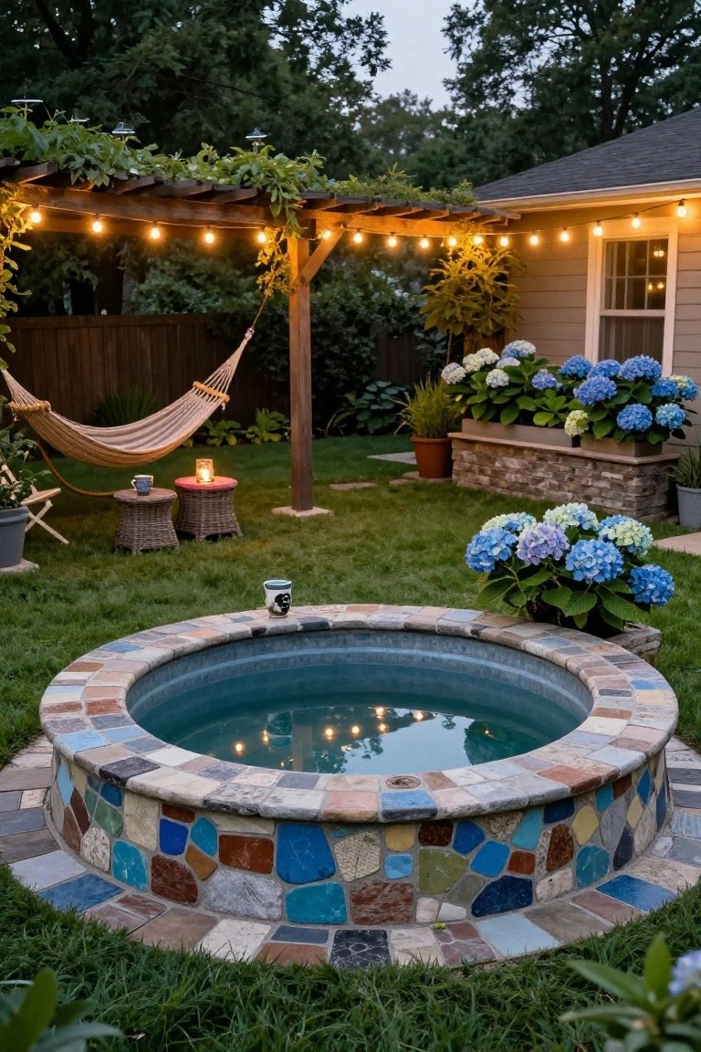 Backyard patio with round blue-water hot tub surrounded by multicolored mosaic tiles, tan hammock hanging from wooden pergola covered in vines and string lights, two wicker chairs and stools with mugs and candle, hydrangea plants in pots and boxes, grass lawn, and wooden fence.