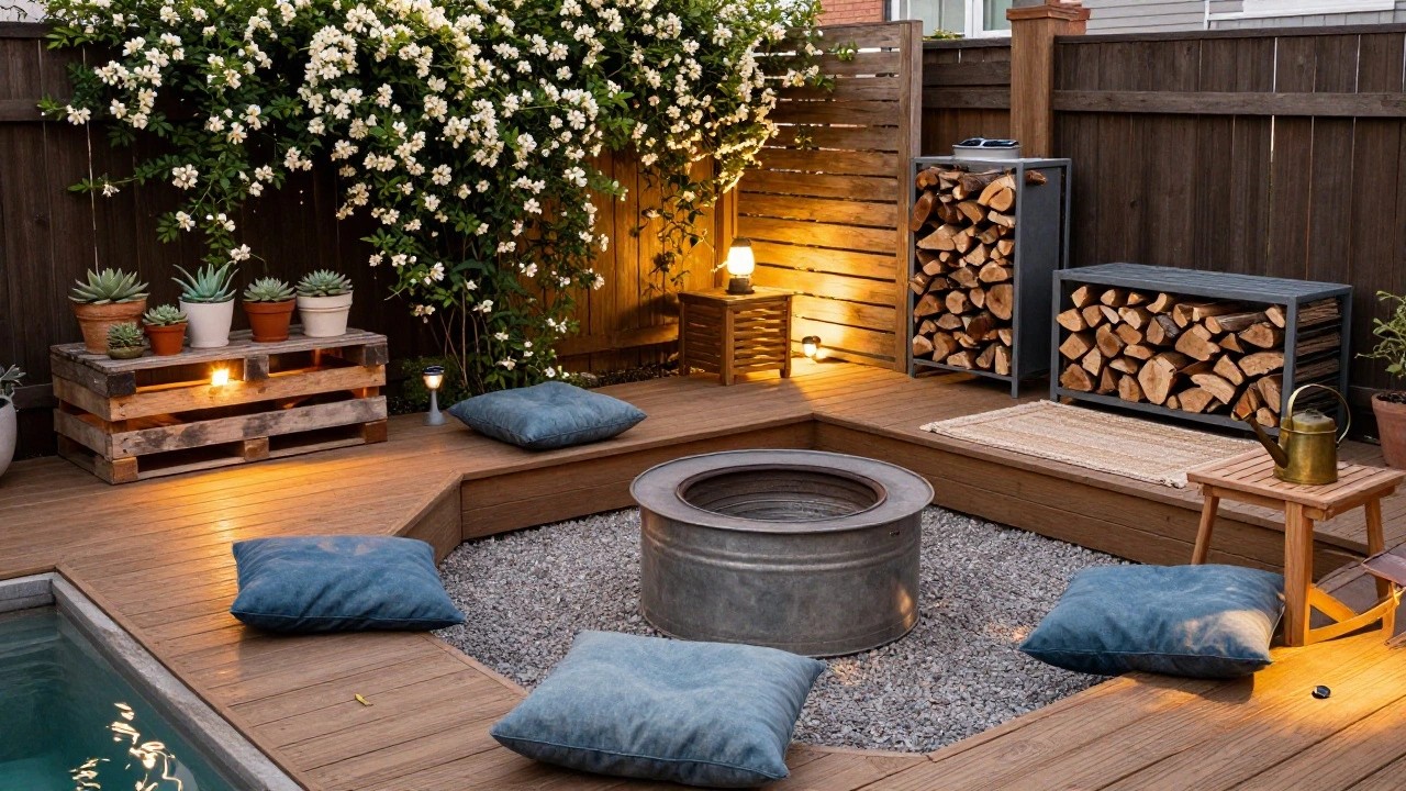 Wooden deck with a rectangular metal stock tank pool, black circular fire pit with flames on gravel, wooden lounge chairs, potted succulents, firewood rack, and white flowering vine on fence.