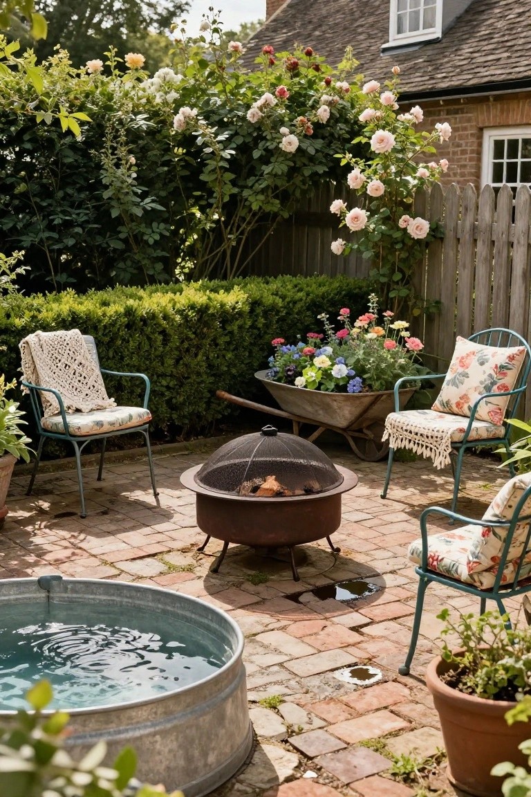 Backyard patio on brick pavers featuring a metal fire pit with screen, four metal chairs with floral cushions and crochet blankets, a galvanized stock tank pool with water, a wheelbarrow planter filled with colorful flowers, potted plants, greenery hedges, rose bushes on a fence, and a house visible in the background.