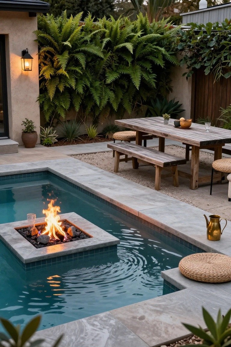 A rectangular turquoise pool with a square stone fire pit platform in the center containing orange flames, adjacent to a wooden dining table and benches on a light gray tiled patio surrounded by potted plants, ferns, and agave.