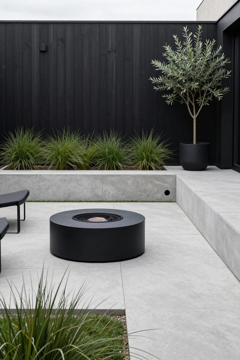 Round black fire pit on gray concrete pavers in an outdoor patio area with curved black lounge chairs, raised concrete planters with ornamental grasses, black wooden fence, and potted olive tree.
