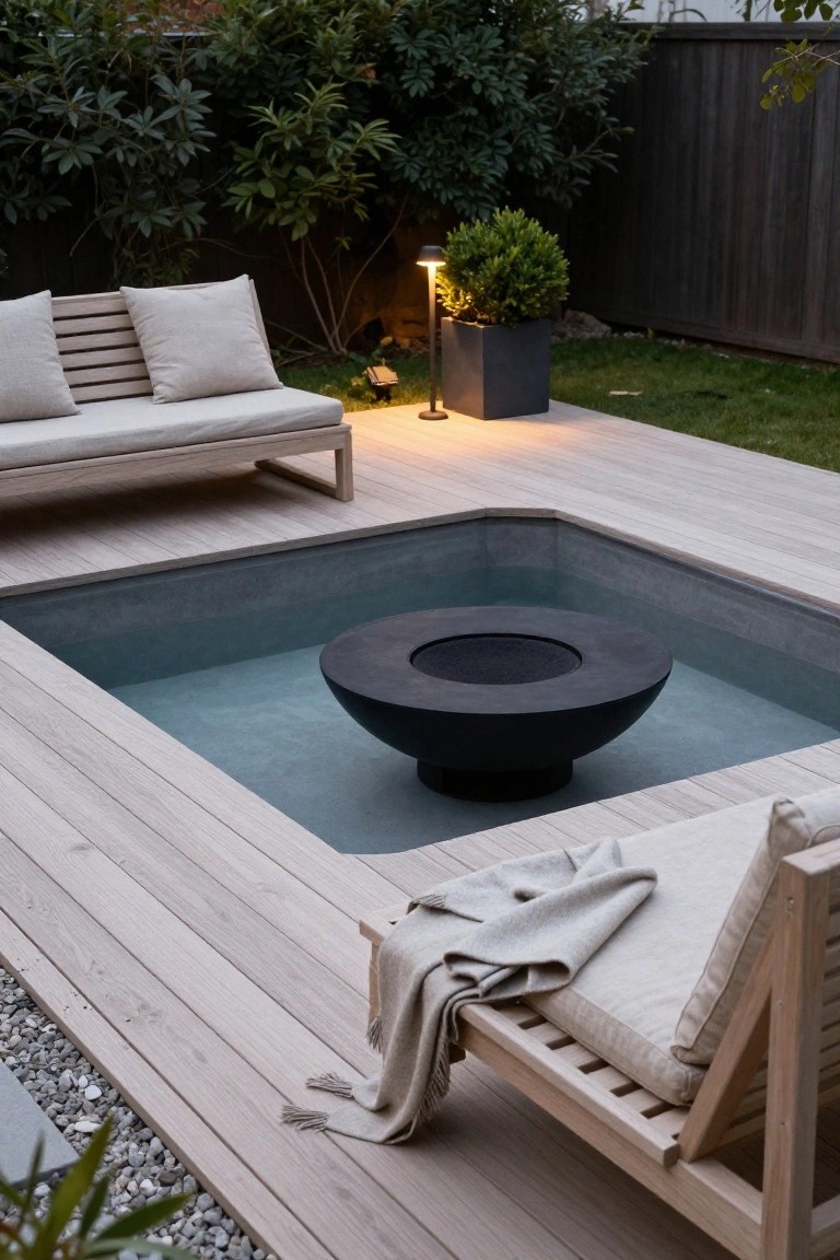 A black round fire pit bowl positioned in the center of a shallow square pool with blue water, surrounded by light wood decking in a backyard patio area with wooden lounge chairs, pillows, plants, and a fence.