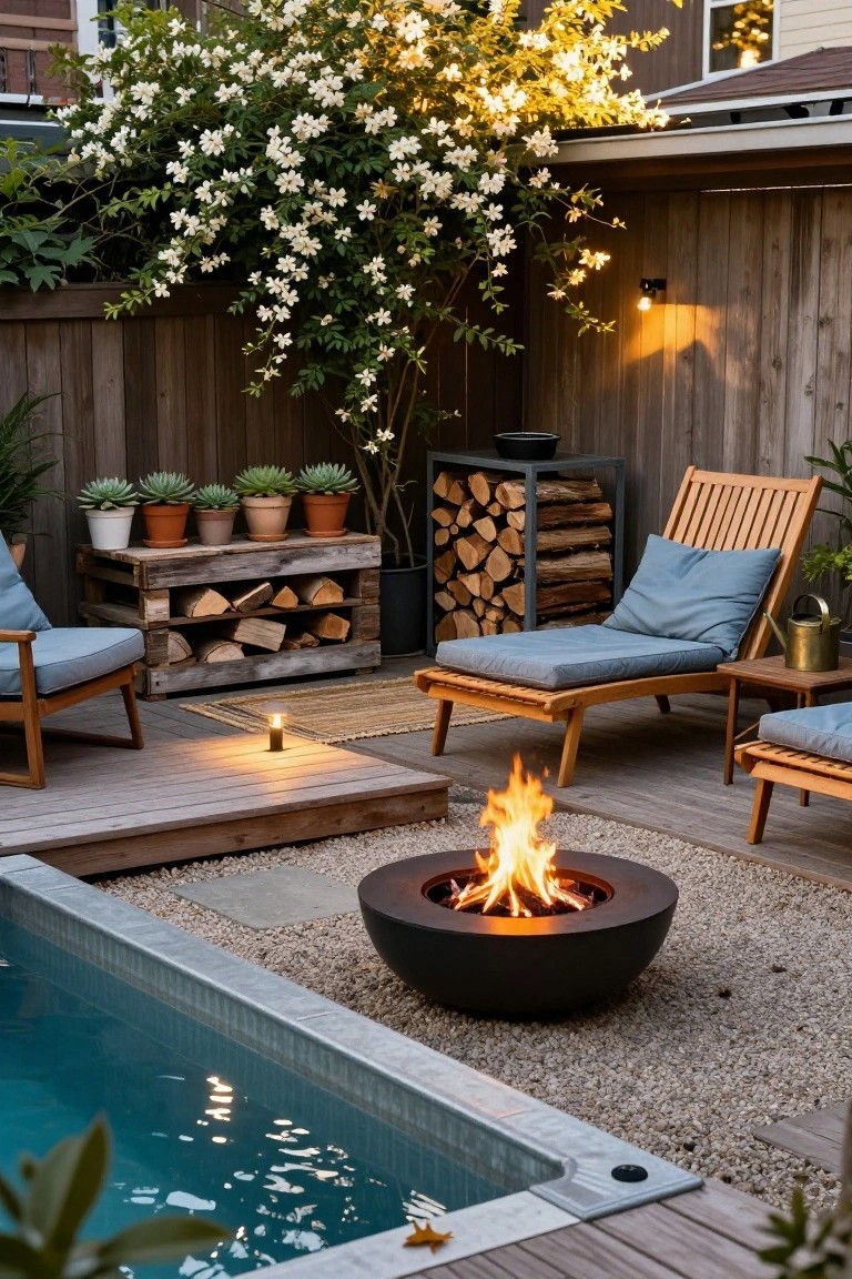 Wooden deck with a rectangular metal stock tank pool, black circular fire pit with flames on gravel, wooden lounge chairs, potted succulents, firewood rack, and white flowering vine on fence.