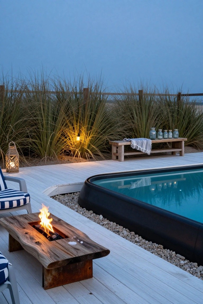 Wooden fire pit table with flames positioned next to a black stock tank pool on a white deck, with lounge chair, bench holding jars and towels, lanterns, pebbles, and tall grasses nearby.