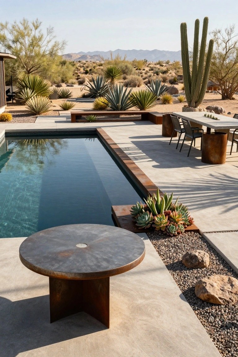 Desert patio with pool, rusted metal furniture, succulents, cacti, and mountain view.