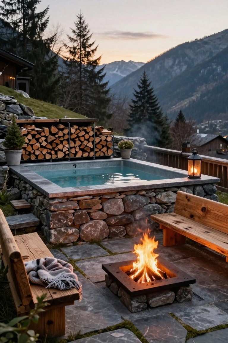 A rectangular blue hot tub embedded in a stone wall on a slate stone patio next to a square metal fire pit with burning logs, flanked by wooden benches and a firewood stack, in a mountainous setting at dusk.