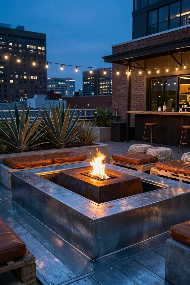 Rooftop terrace at dusk featuring a square metal fire pit with flames, surrounded by leather-cushioned pallet seating, a wood bar, agave plants, string lights, and city buildings in the background.