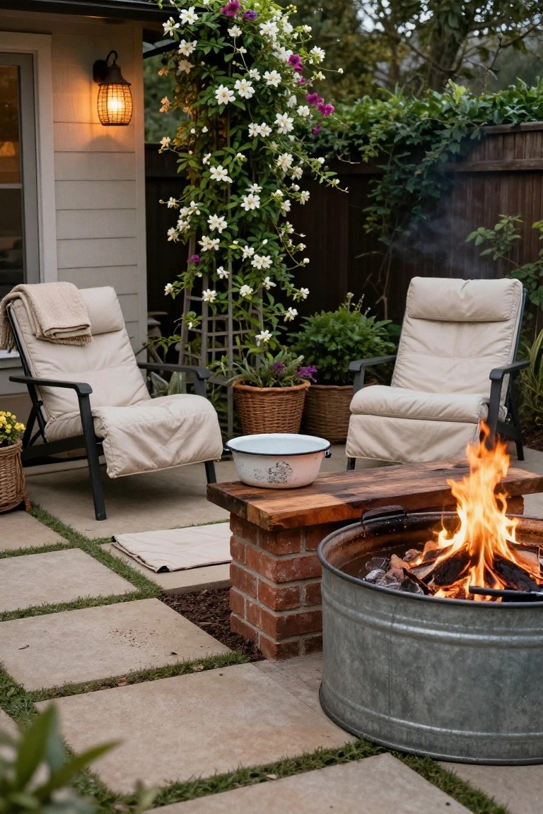 Backyard patio with a galvanized metal stock tank fire pit containing burning logs on a brick base, flanked by two beige lounge chairs with blankets, a wooden bench, potted plants, and climbing white and purple flowers on a trellis beside a small shed.