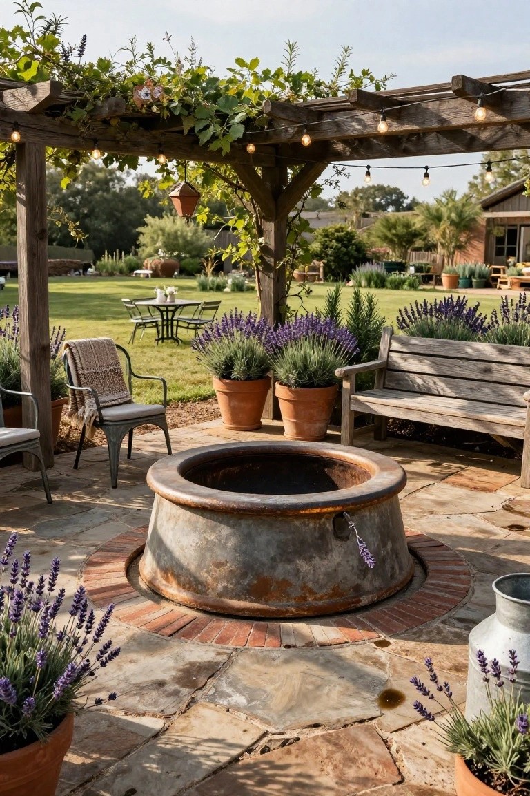 Outdoor patio featuring a large rusted metal stock tank as a fire pit with brick edging on stone pavers, surrounded by lavender plants in pots, a wooden bench, metal chairs, and a pergola with string lights overhead, with lawn and garden in the background.