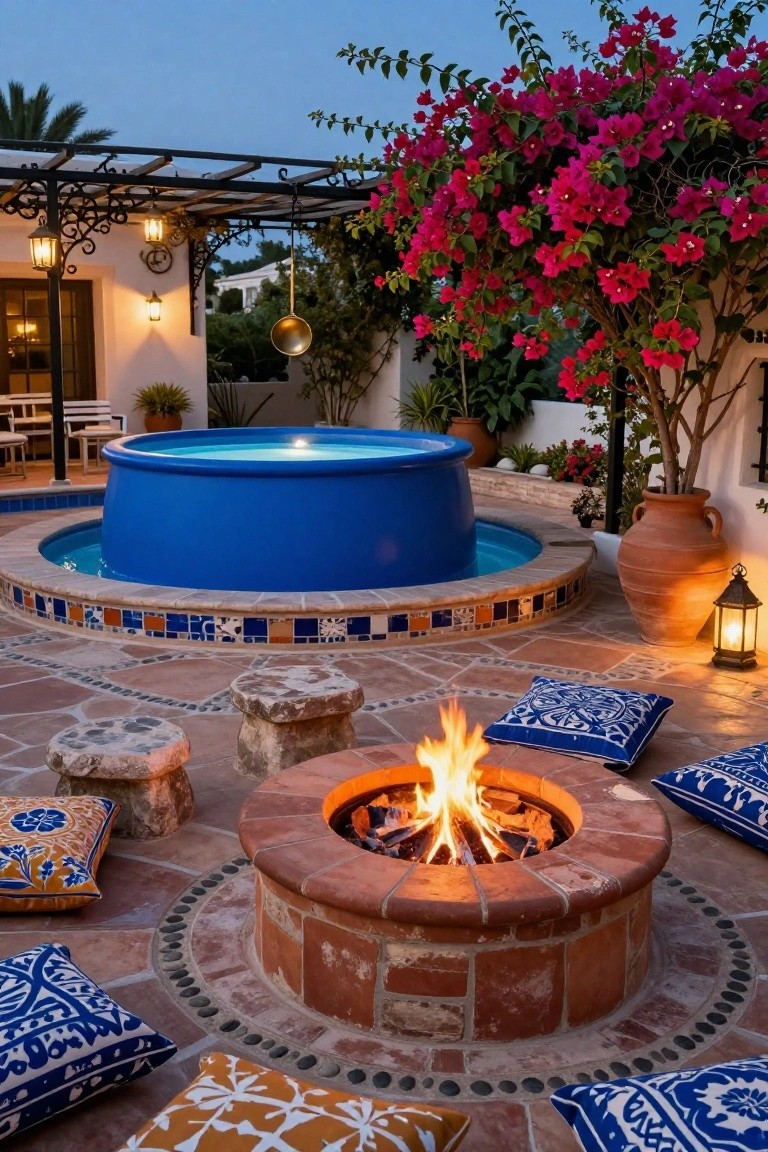 Outdoor patio at dusk with a round blue stock tank pool, central brick fire pit surrounded by cushions and stone stools, tiled flooring, potted plants, lanterns, and bougainvillea vines.