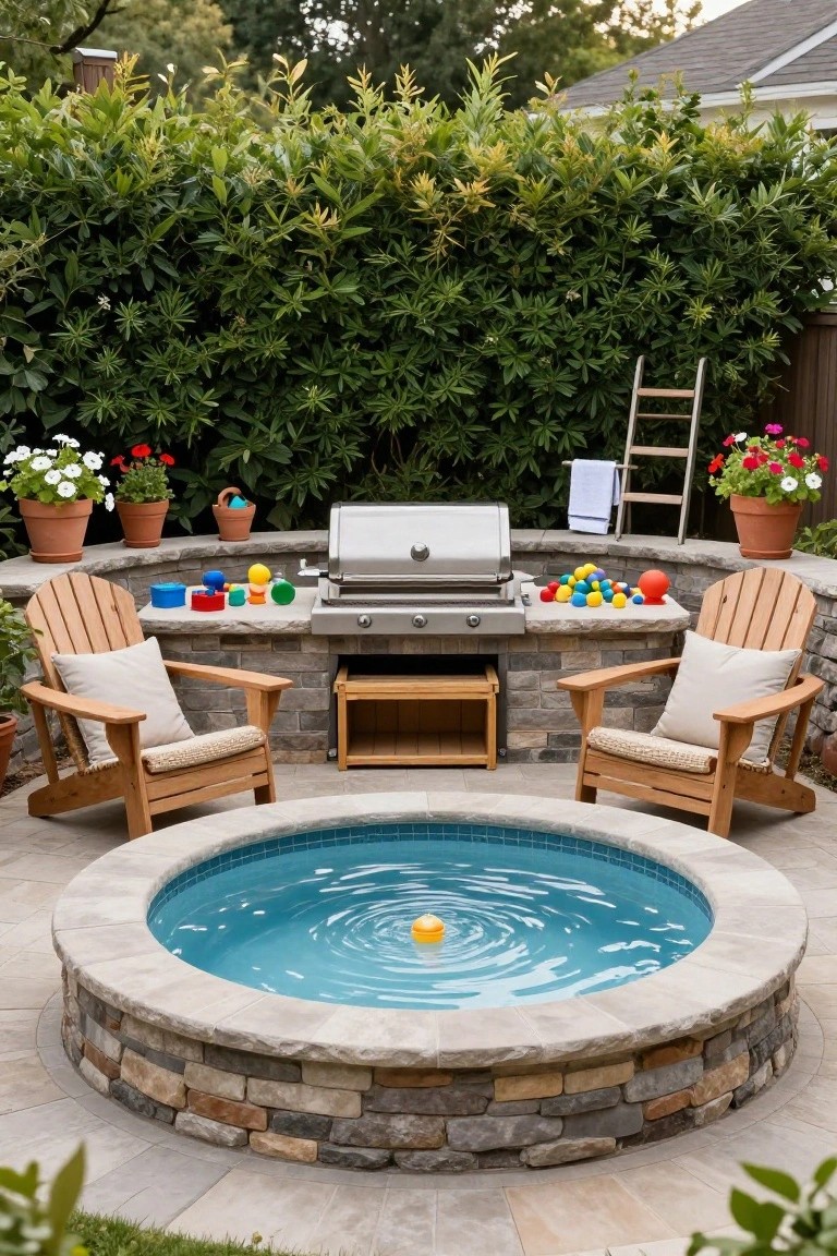 Round blue-tiled pool embedded in a stone patio surrounded by Adirondack chairs, a stainless steel grill with colorful toys on top, potted flowers, a ladder, and green hedges in the background.