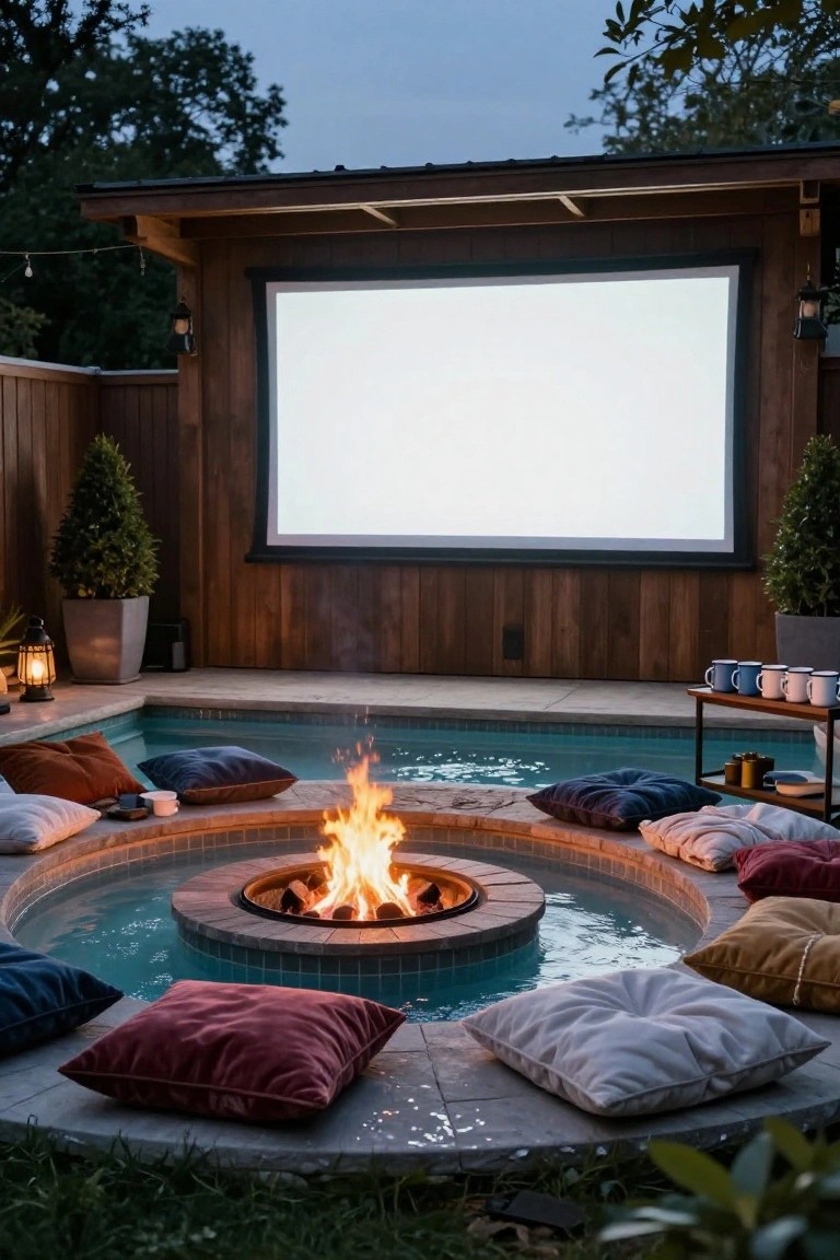 Circular in-ground pool with central stone fire pit ring surrounded by blue water and colorful pillows on the tiled edge, next to a large blank projection screen on a wooden outdoor structure with plants and lanterns nearby.