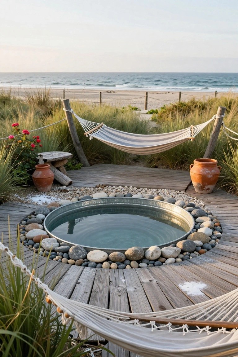 Circular galvanized stock tank pool on a wooden deck surrounded by smooth pebbles and rocks, flanked by hammocks, terracotta pots, beach grass, and distant ocean dunes.