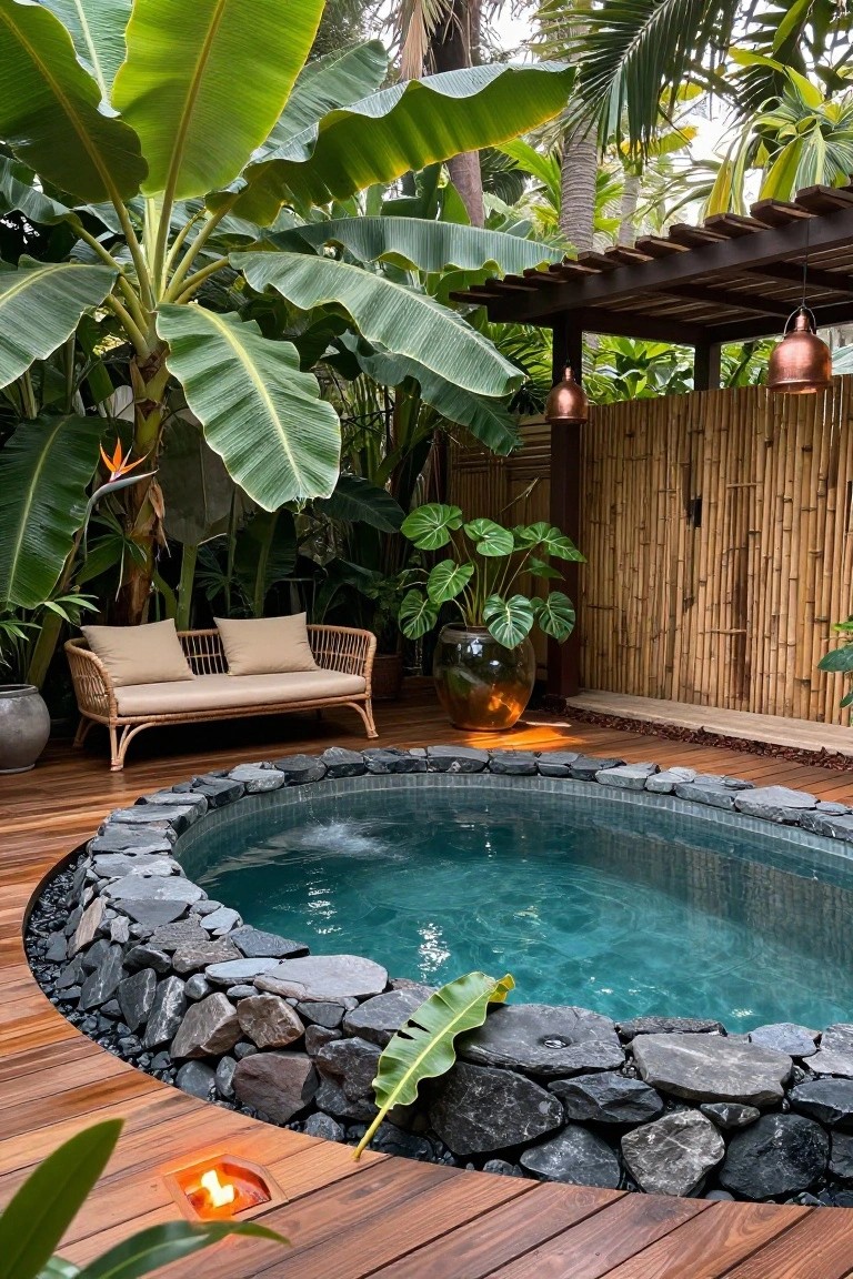 Round turquoise pool with dark stone edging on a wooden deck surrounded by tropical plants including banana leaves, a rattan bench, large glass vase, bamboo fence, hanging copper lanterns, and a small recessed fire feature in the deck.