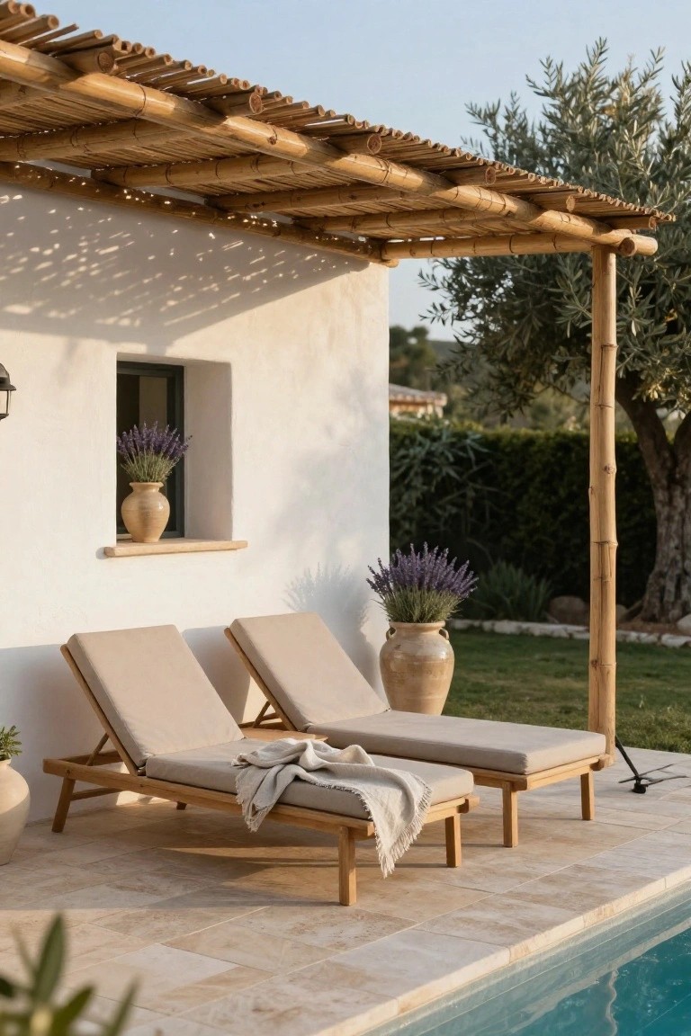 Two beige adjustable loungers with cream cushions and white throws under a bamboo and thatch pergola on a light stone pool deck beside a white stucco wall with a window, lavender pots, olive trees, and an in-ground swimming pool.