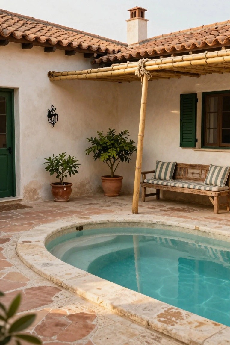 White stucco house wall with green door and shuttered window beside a bamboo pergola shading a wooden bench with cushions, potted plants, and a small oval pool on terracotta paving.