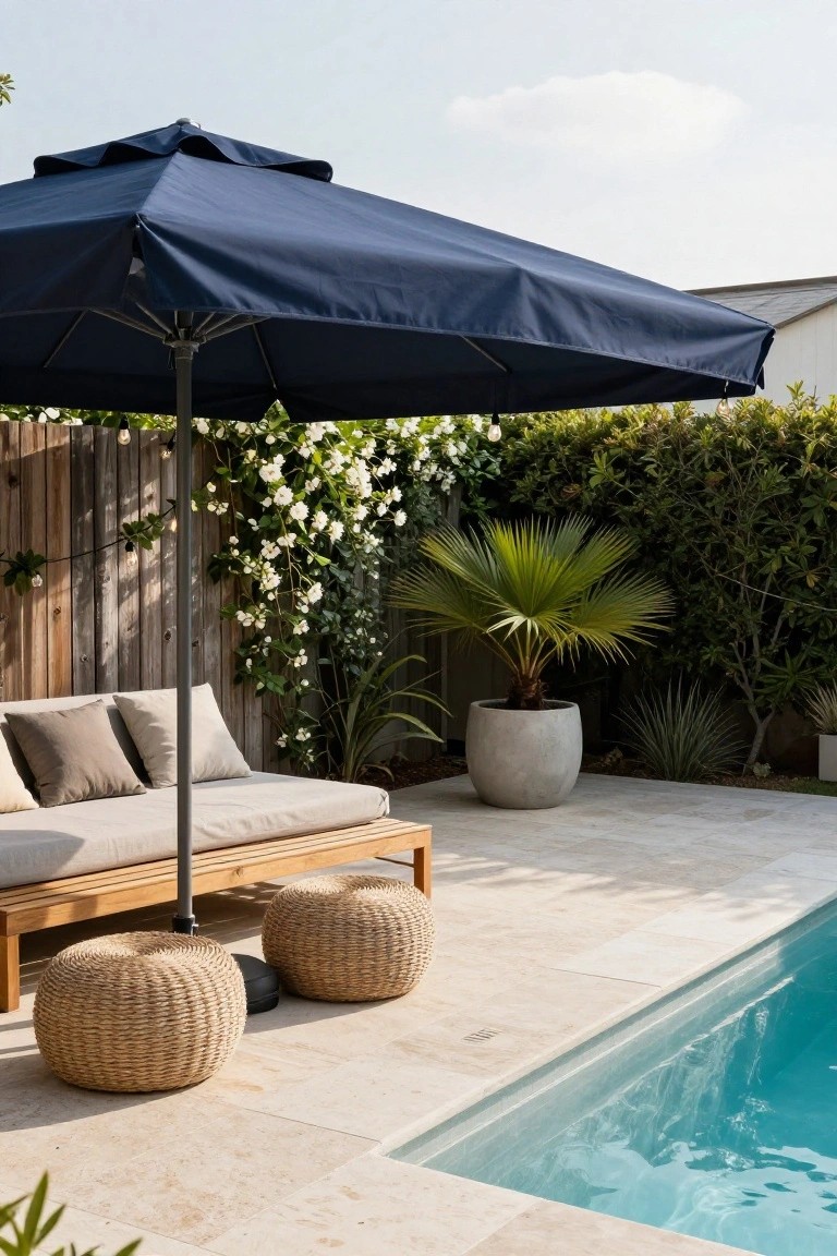 Navy blue cantilever umbrella shading a wooden daybed with gray cushions and two rattan poufs on a light tiled pool deck edged with greenery, palms, and a wooden fence.