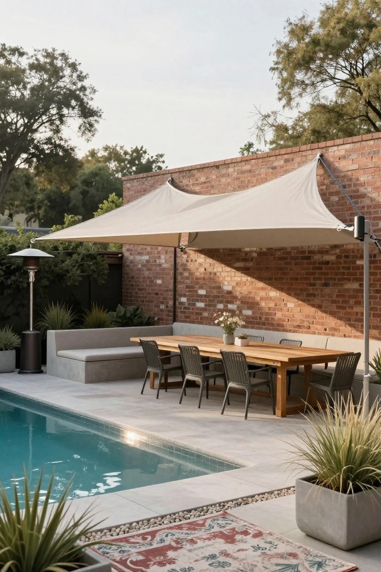 Outdoor pool area featuring a large white cantilevered shade sail extending from a metal pole against a brick wall over a wooden dining table with gray chairs, next to a built-in bench, patio heater, potted plants, and tiled pool edge.