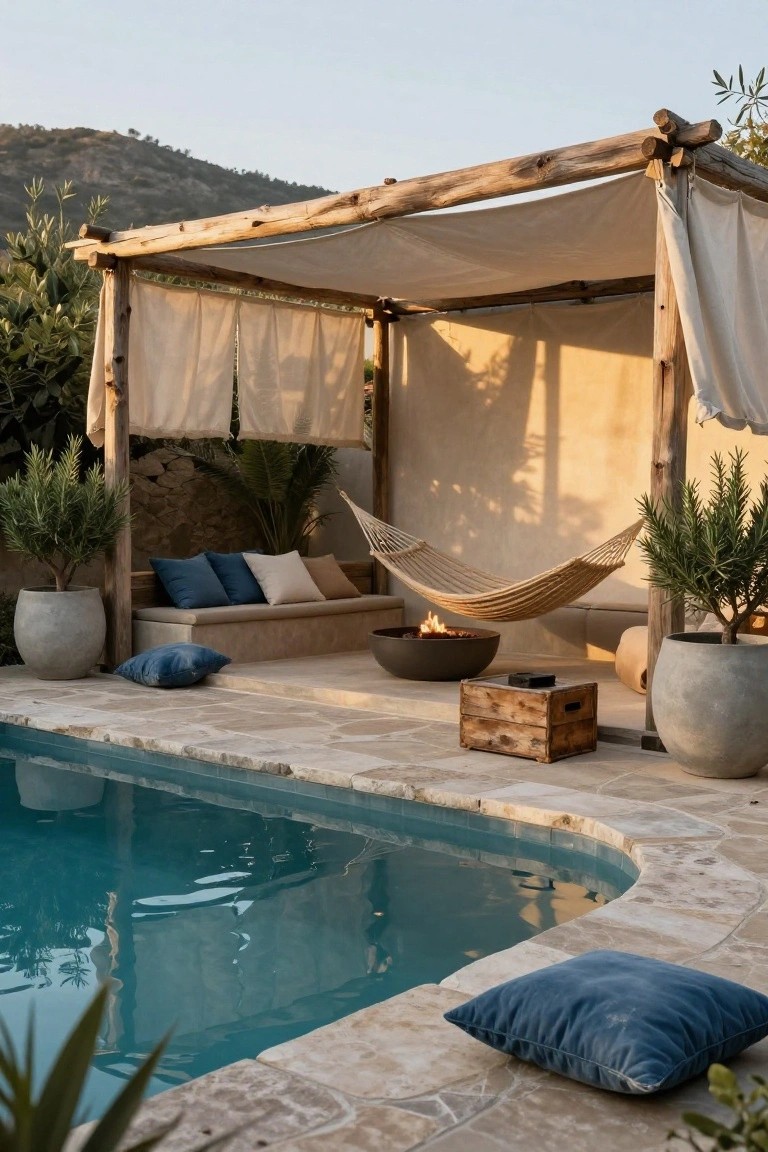 Wooden pergola with beige draped fabric shading a poolside area that includes a hammock, cushioned bench, round fire pit, wooden crate, potted plants, and turquoise pool with stone decking.