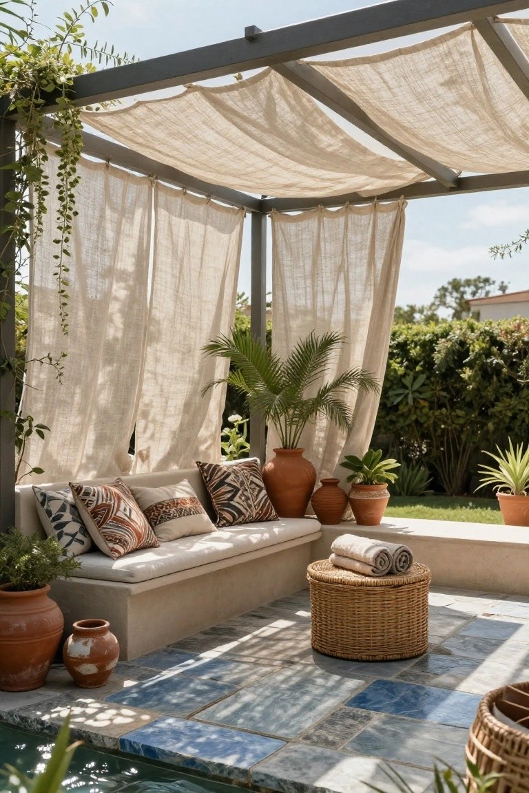 Poolside seating area under a black metal pergola covered and draped with beige linen fabric, with a white bench piled with patterned pillows, potted plants, woven stool with towels, and blue tiled patio next to a swimming pool.