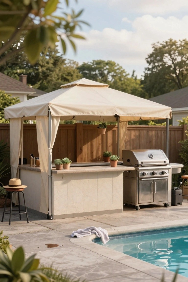 Beige fabric gazebo canopy with draped sides over a light stucco bar counter, stainless steel grill, bar stools, and potted succulents, positioned on a concrete patio next to an inground pool with wooden fence backdrop.