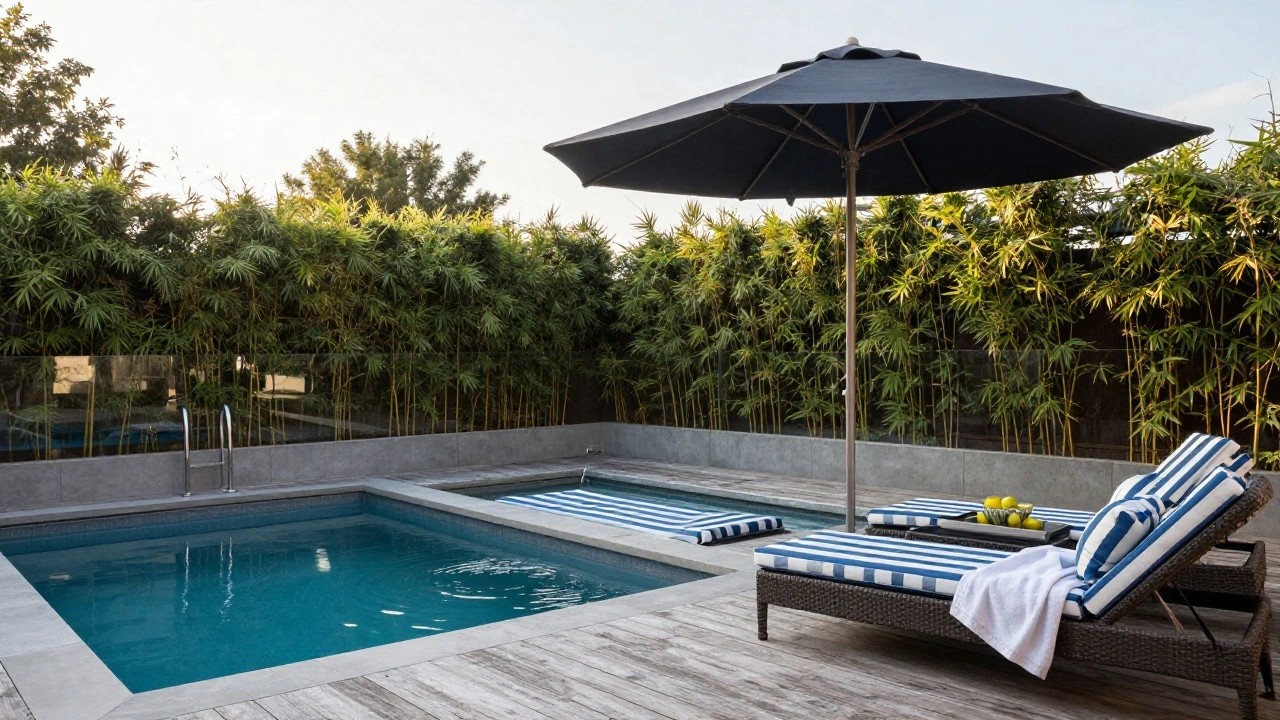 Pool deck with two blue-and-white striped lounge chairs under a large beige cantilever umbrella, beside a small rectangular swimming pool edged in concrete, bamboo plants and glass railing in the background.