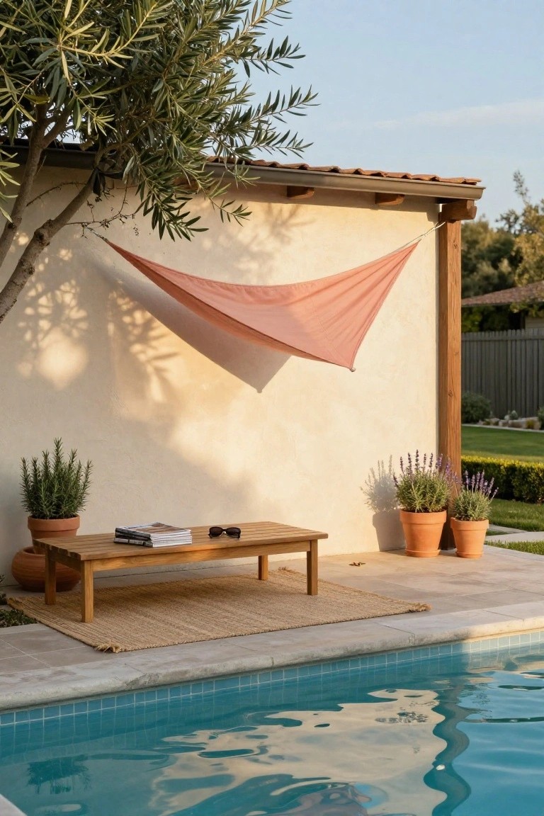 Pink triangular fabric hammock suspended from an olive tree and stucco wall over a wooden bench with books and sunglasses, potted rosemary and lavender plants nearby, and a blue-tiled swimming pool in the foreground.