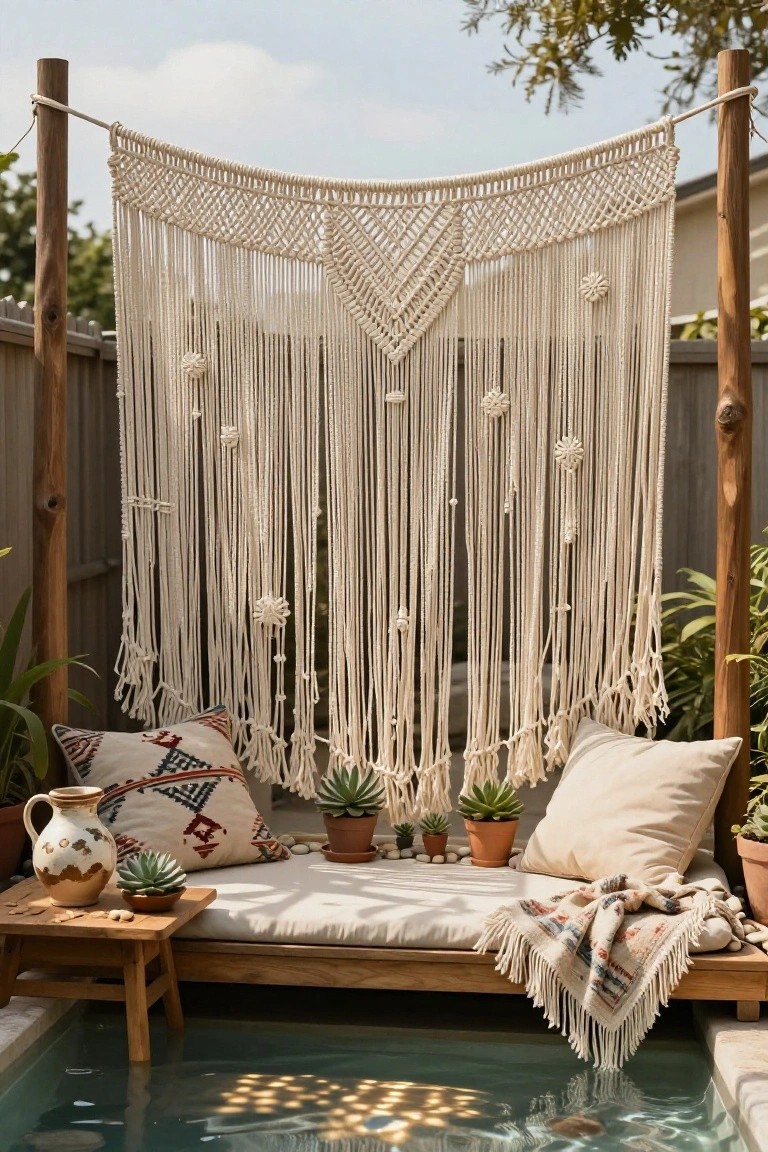 Poolside wooden daybed with beige cushions and throw blanket under a large white macrame hanging curtain between two wooden poles, with potted plants, a small table, and pitcher nearby.