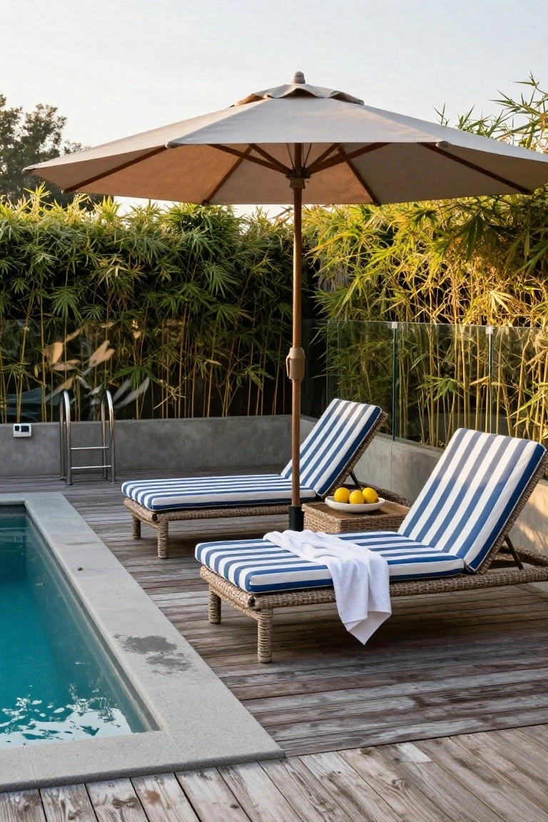 Pool deck with two blue-and-white striped lounge chairs under a large beige cantilever umbrella, beside a small rectangular swimming pool edged in concrete, bamboo plants and glass railing in the background.