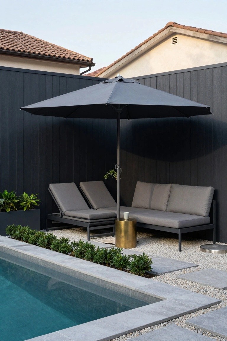 Poolside seating area with large black cantilever umbrella shading two gray loungers and a gray sofa, black fence walls, plants in black planters, gold side table, and turquoise pool edge with pebble ground.