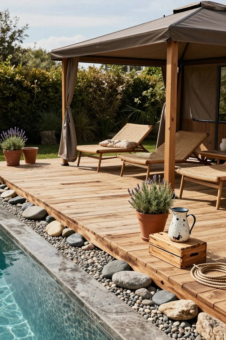 Wooden deck platform next to a turquoise mosaic-tiled pool edged with rocks, featuring a beige fabric-covered pergola with wicker loungers, potted lavender plants, and a white jug.