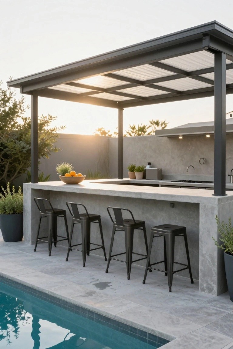 Outdoor concrete bar counter with black metal stools under a black steel pergola with translucent wavy roof panels, potted plants and oranges on the counter, adjacent to a turquoise swimming pool and gray tiled deck.