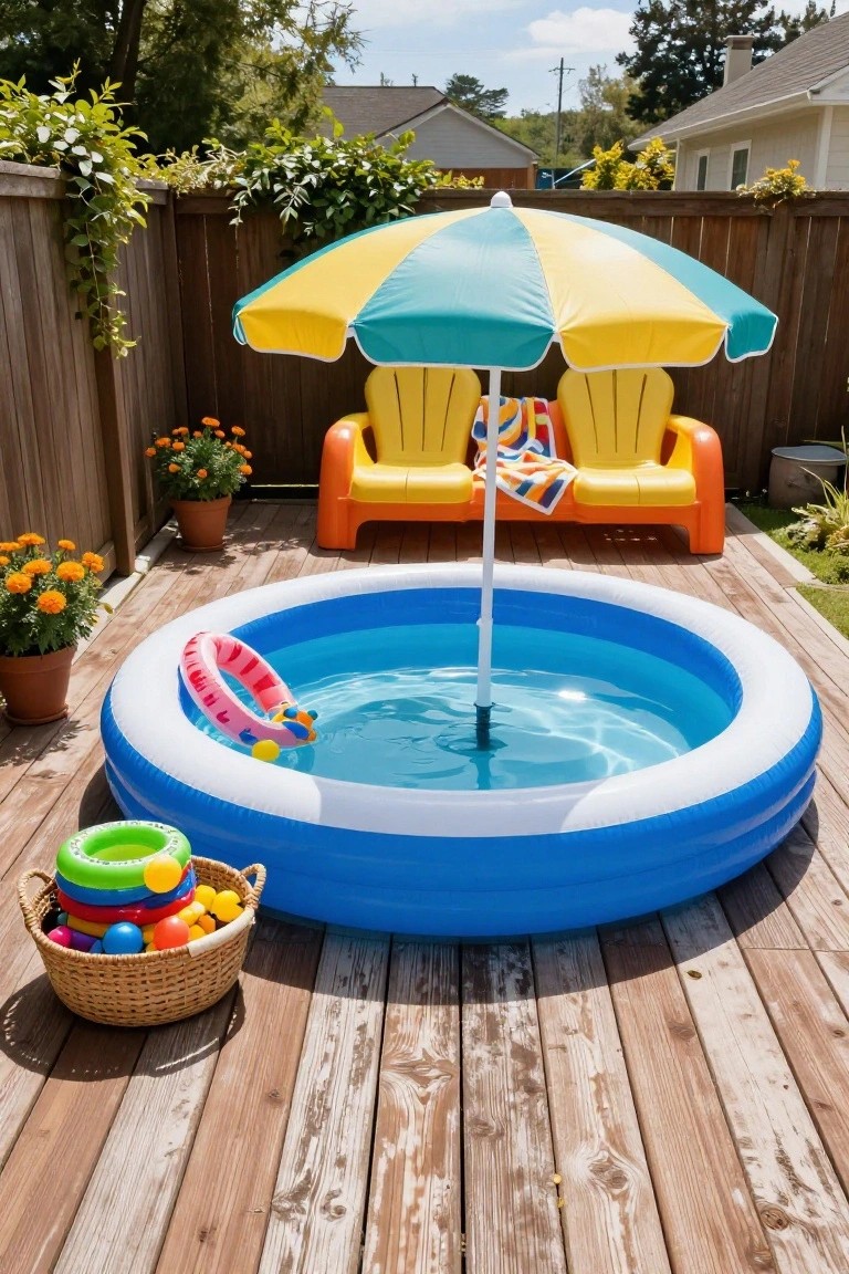 Blue inflatable kiddie pool on a wooden deck with a yellow and turquoise beach umbrella pole inserted into the pool's center stand, yellow plastic chairs nearby, pool floats and toys, potted marigolds, and a wooden fence backdrop.