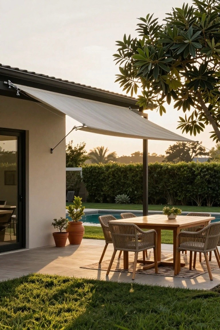 White retractable awning extended from a beige house wall over a teak dining table with four rattan chairs on a tiled poolside patio, with pool, potted plants, grass, hedges, and trees in the background at sunset.