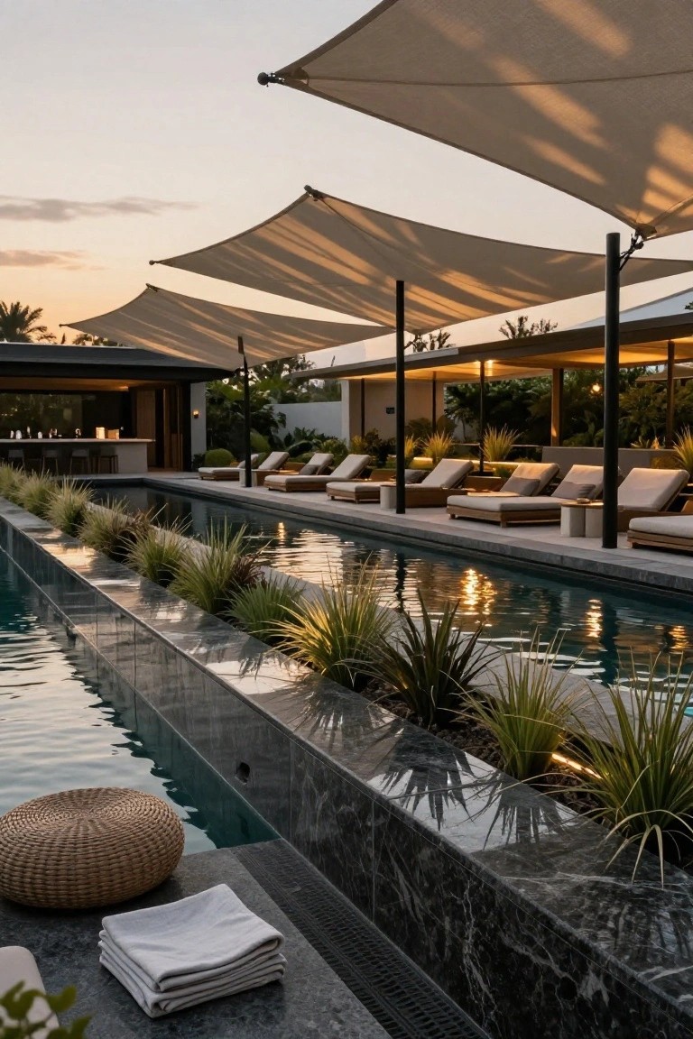 Long narrow pool with black marble edging lined by tall grasses, beige triangular shade sails overhead on black poles, lounge chairs nearby, and stacked white towels on the deck at dusk.